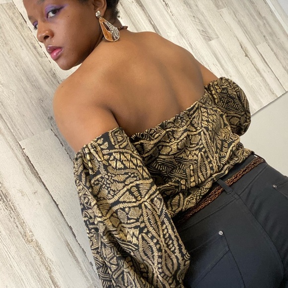 Brown and black ethnic print off the shoulder top - Picture 7 of 7